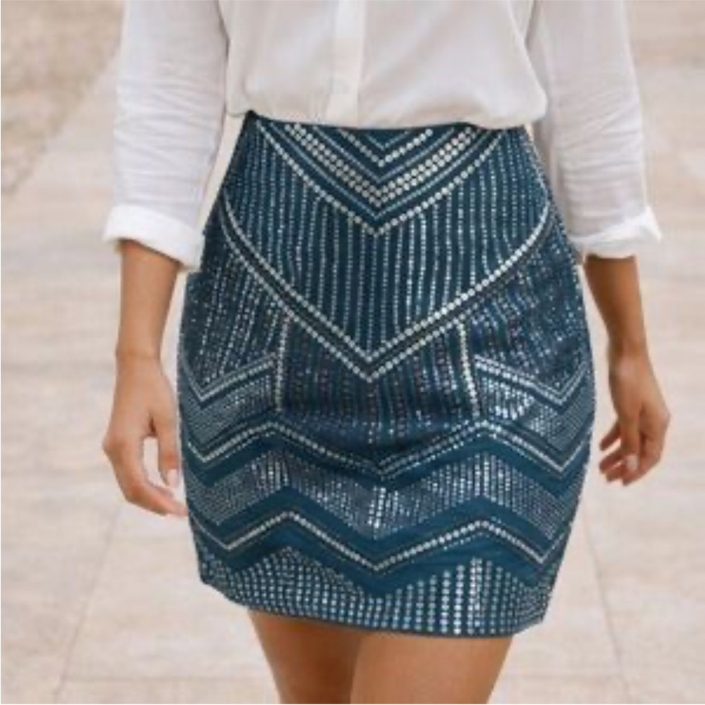 Express Embellished Mini Skirt Beads Sequins Teal Blue Stretchy‎ Women’s S  NWOT
